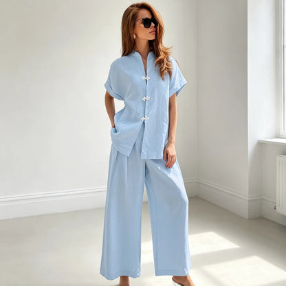 HiLoc Blue Casual Loose Woven Inelastic Ladies Suit Two-Piece Short-Sleeved Single-Breasted Top Elastic Waist Ankle-Length Pants