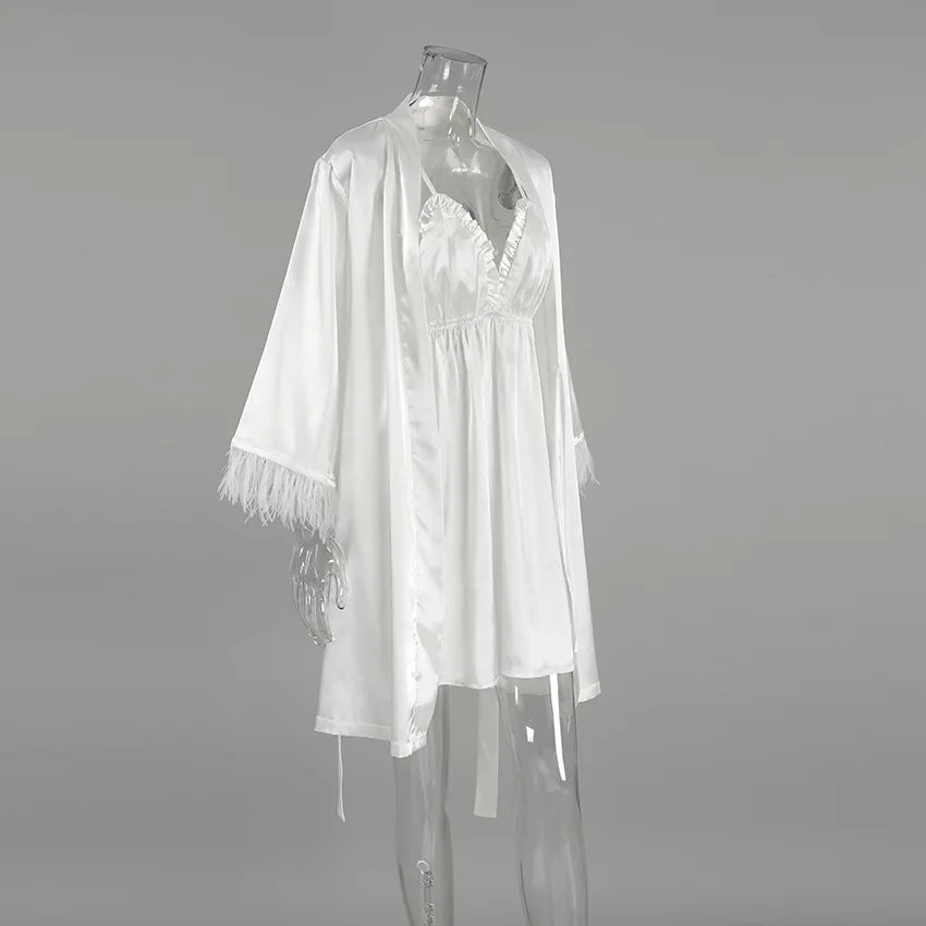 HiLoc Sexy Satin Nightgown Robe Set Women's Cross Back Spaghetti Strap Chemise Feather Trim Long Sleeve Robe 2 Piece Loungewear
