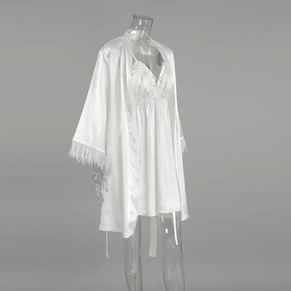 HiLoc Sexy Satin Nightgown Robe Set Women's Cross Back Spaghetti Strap Chemise Feather Trim Long Sleeve Robe 2 Piece Loungewear