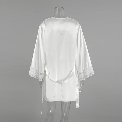 HiLoc 2025 Summer Sexy Lace Nightgown Robe With Belt Fashion Satin Long Sleeve Sleepwear Casual White Mini Dress For Women