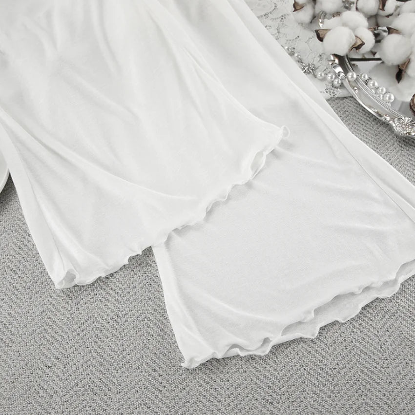 HiLoc Sexy V-Neck Knitted Thin Trousers Pajamas Women Casual Lace-Up Crop Tops With Loose Long Pants Sleepwears White Suits 2026