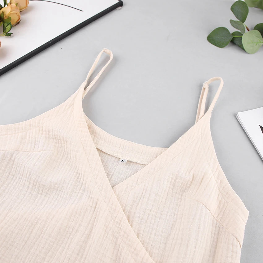 Hiloc Apricot Elegant Pure Cotton Short Dresses Summer Woven Loose High-Slit Lace-Up Nightgowns Spaghetti Strap Woman Sleepdress