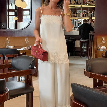 Hiloc Elegant Satin Long Pants Suit Women's Pajama Casual Lace Camisole With Elastic Waist Pants 2 Piece 2026 Summer Home Sets