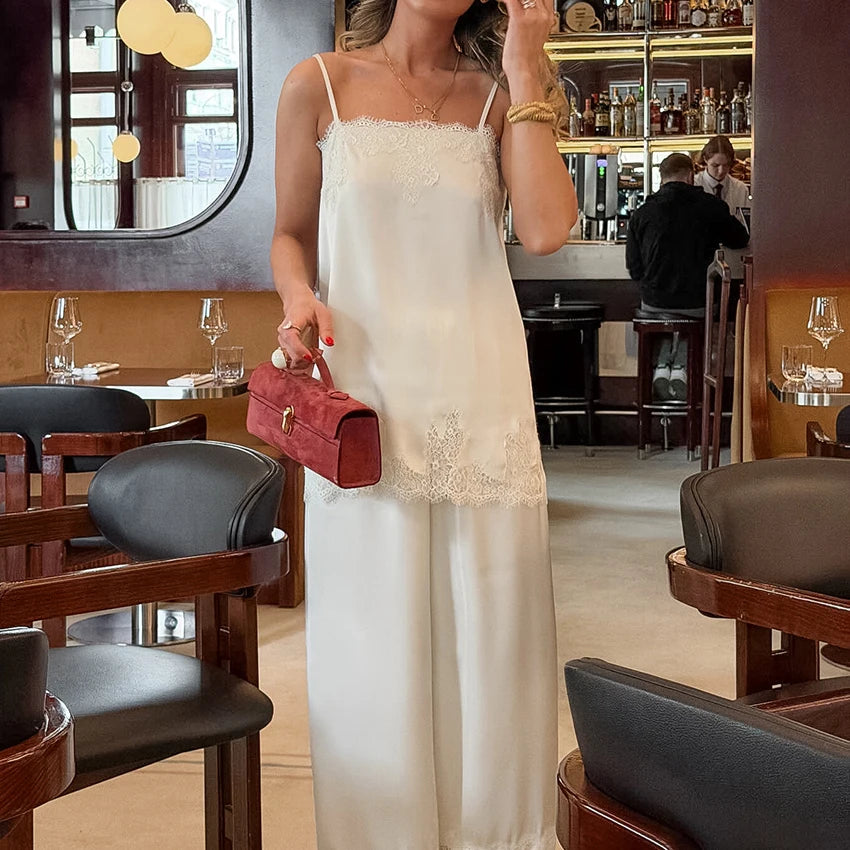 Hiloc Elegant Satin Long Pants Suit Women's Pajama Casual Lace Camisole With Elastic Waist Pants 2 Piece 2026 Summer Home Sets