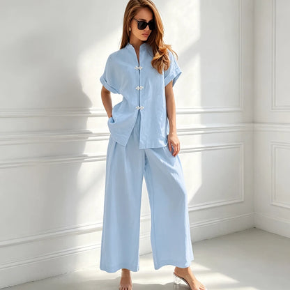 HiLoc Blue Casual Loose Woven Inelastic Ladies Suit Two-Piece Short-Sleeved Single-Breasted Top Elastic Waist Ankle-Length Pants