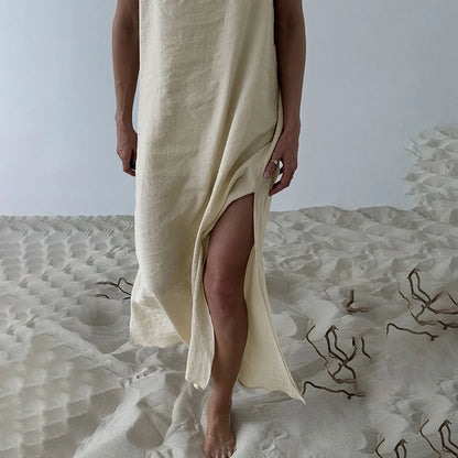 HiLoc Casual Loose White Long Dress Robe 2025 New Summer V Neck Dresses For Women Spring Sleeveless Straight Robes Nightgown