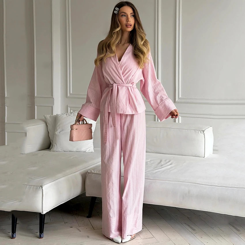 Hiloc Casual Stripe Trousers Outfits Pajamas Home V Neck Wrap Blouse With Elastic Waist Long Pants Female Two Piece Sets 2026