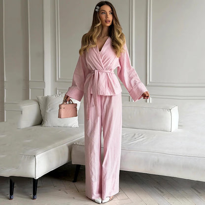 Hiloc Casual Stripe Trousers Outfits Pajamas Home V Neck Wrap Blouse With Elastic Waist Long Pants Female Two Piece Sets 2026