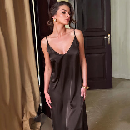 HiLoc Casual Brown Loose Long Dress Robe 2026 Summer Elegant Satin Straight Dresses For Women Spring Sleeveless  Robes Nightgown