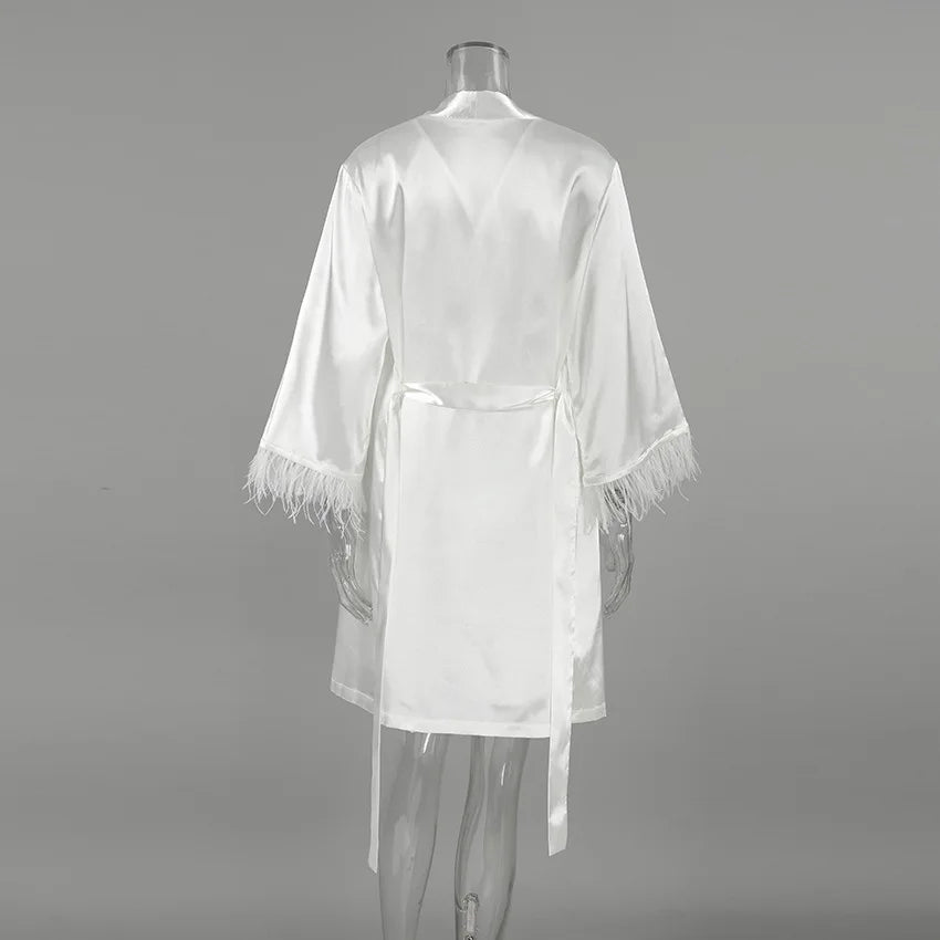 HiLoc Sexy Satin Nightgown Robe Set Women's Cross Back Spaghetti Strap Chemise Feather Trim Long Sleeve Robe 2 Piece Loungewear