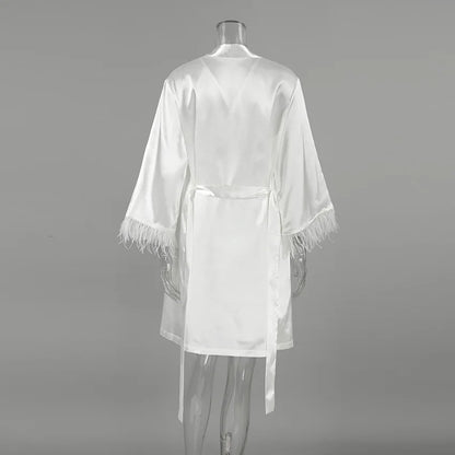 HiLoc Sexy Satin Nightgown Robe Set Women's Cross Back Spaghetti Strap Chemise Feather Trim Long Sleeve Robe 2 Piece Loungewear