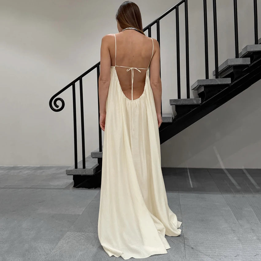 HiLoc Casual Loose Brown Long Robe Female 2026 Street Chic Apricot Backless Dress For Women Spring Casual Straight Nightgown