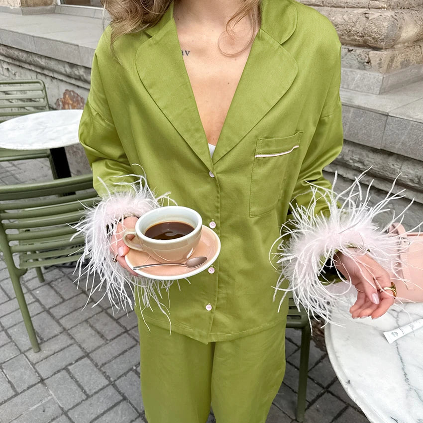 HiLoc Apricot Casual Feather Loose Woven Pajamas 2 Piece Long Sleeve Lapel Single-Breasted Top Elastic Waist Full Length Pants