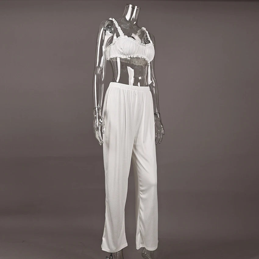 HiLoc Casual White Pants Sets With Ruffles Bra Pajamas For Women Summer Crop Top Sleepwear Wide Leg Pants Two Piece Sets 2025
