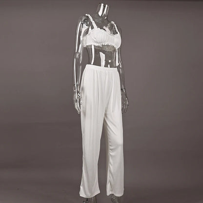 HiLoc Casual White Pants Sets With Ruffles Bra Pajamas For Women Summer Crop Top Sleepwear Wide Leg Pants Two Piece Sets 2025