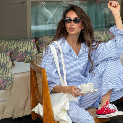 HiLoc Plaid Sleepwear Women Pajama Long Pants Sets Long Sleeve Casual 2 Pieces Night Wears Summer Korean Casual Home Suit 2026