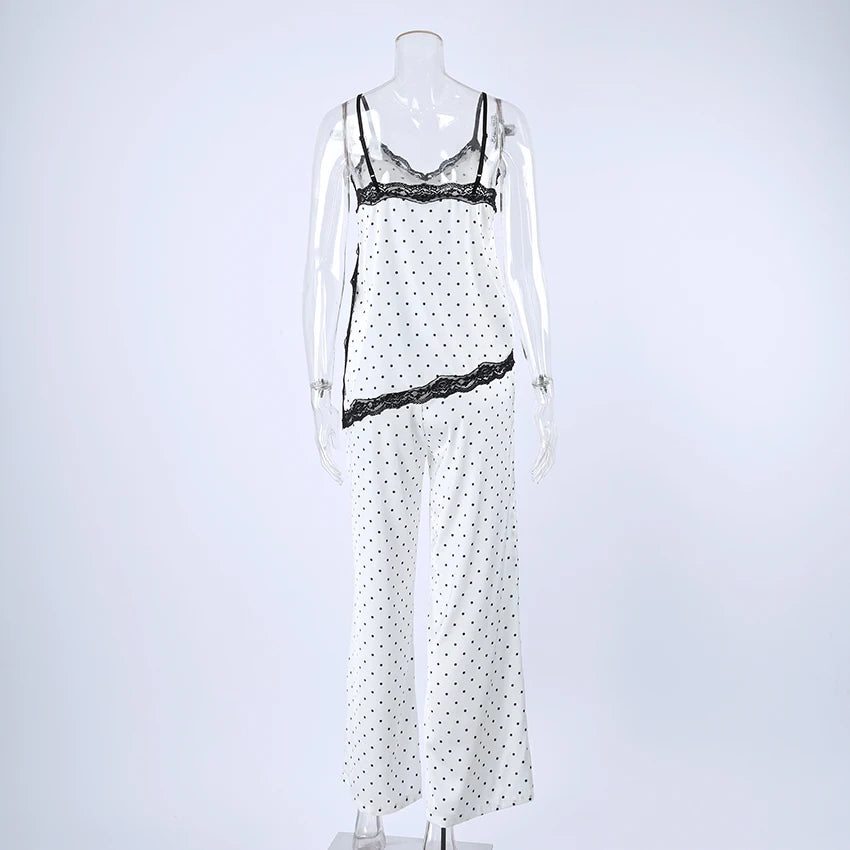 Hiloc Women 2 Piece Satin Polka Dot Pajama Set Black Lace Trim Cami Top Wide Leg Pants Sexy Elegant Loungewear Sleepwear Summer