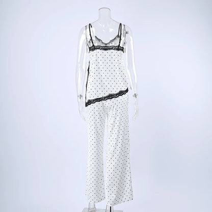 Hiloc Women 2 Piece Satin Polka Dot Pajama Set Black Lace Trim Cami Top Wide Leg Pants Sexy Elegant Loungewear Sleepwear Summer