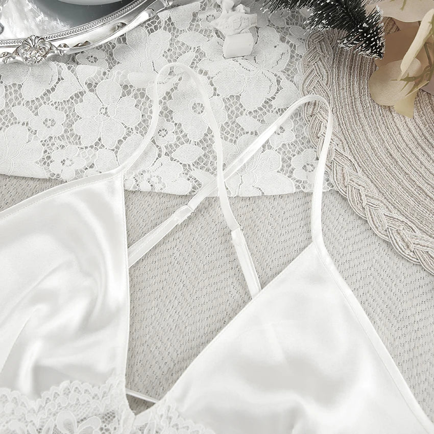 HiLoc 2025 Summer Sexy Lace Nightgown Robe With Belt Fashion Satin Long Sleeve Sleepwear Casual White Mini Dress For Women