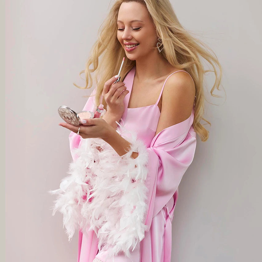 HiLoc Elegant Pink With Feather Nightgown 2 Piece Sets Women Lace Spaghetti Strap Dress Long Sleeve Wrap Robe 2026 Fall Pajamas