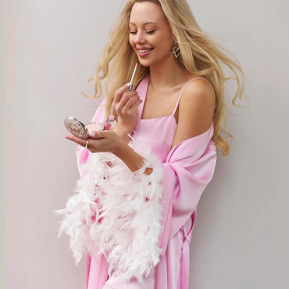 HiLoc Elegant Pink With Feather Nightgown 2 Piece Sets Women Lace Spaghetti Strap Dress Long Sleeve Wrap Robe 2026 Fall Pajamas