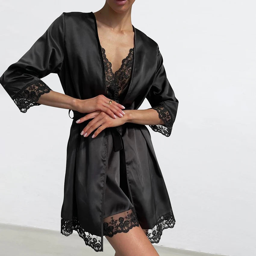 HiLoc Fashion Black Robe 2 Pieces Sleepwear 2025 Sexy Lace V Neck Mini Dress Women Casual Long Sleeve Robe Dresses Pajamas Lady