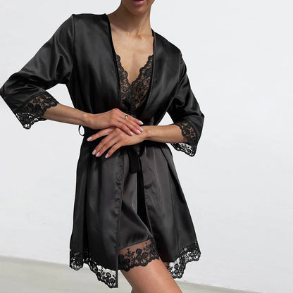 HiLoc Fashion Black Robe 2 Pieces Sleepwear 2025 Sexy Lace V Neck Mini Dress Women Casual Long Sleeve Robe Dresses Pajamas Lady