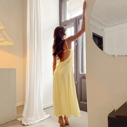 HiLoc Casual Brown Loose Long Dress Robe 2026 Summer Elegant Satin Straight Dresses For Women Spring Sleeveless  Robes Nightgown