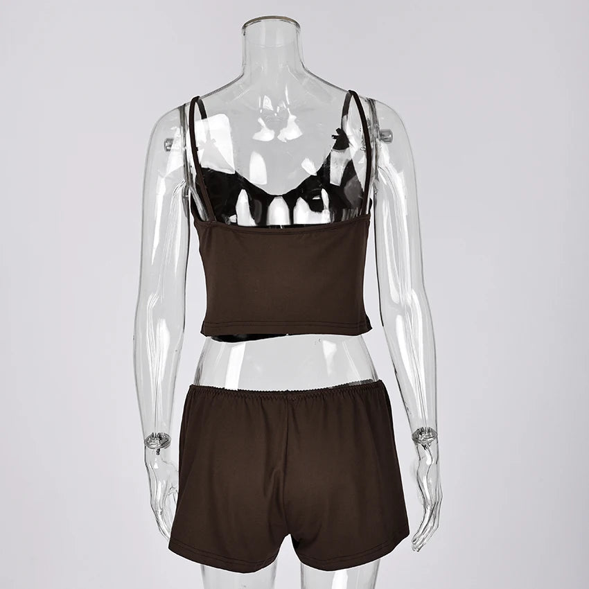 Hiloc Summer Knit Sport Shorts Sets Casual Spaghetti Strap Pajamas With Elastic Waist Shorts 2 Piece 2025 Home Outfits Yellow