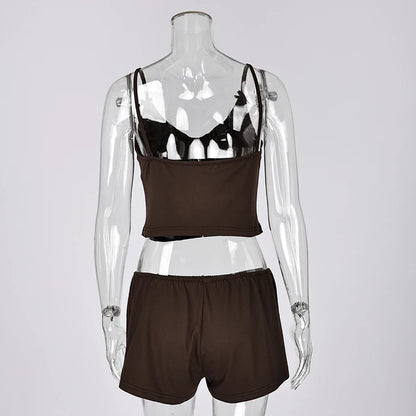 Hiloc Summer Knit Sport Shorts Sets Casual Spaghetti Strap Pajamas With Elastic Waist Shorts 2 Piece 2025 Home Outfits Yellow