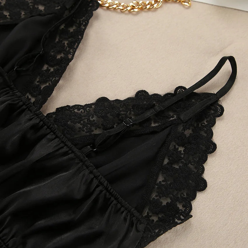 HiLoc Fashion Black Robe 2 Pieces Sleepwear 2025 Sexy Lace V Neck Mini Dress Women Casual Long Sleeve Robe Dresses Pajamas Lady