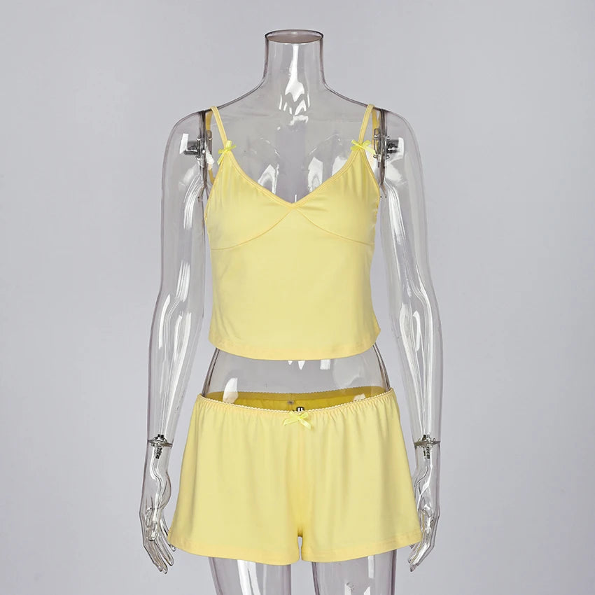 Hiloc Summer Knit Sport Shorts Sets Casual Spaghetti Strap Pajamas With Elastic Waist Shorts 2 Piece 2025 Home Outfits Yellow