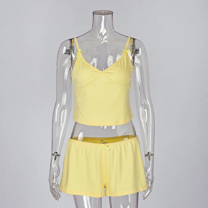 Hiloc Summer Knit Sport Shorts Sets Casual Spaghetti Strap Pajamas With Elastic Waist Shorts 2 Piece 2025 Home Outfits Yellow